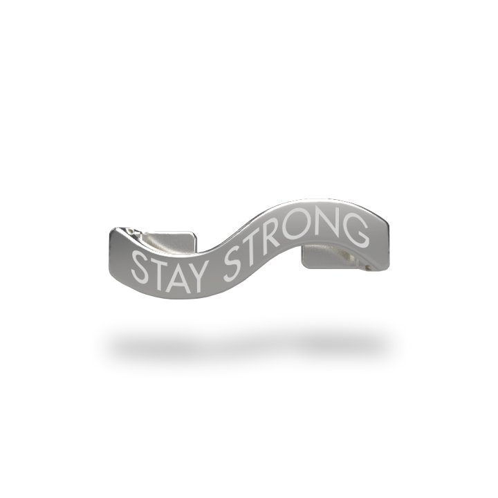 This is a charm that fits ZOX single wristbands, lanyards and hoodie strings only. It is made from stainless steel and is silver in color. The words STAY STRONG are etched in the metal.