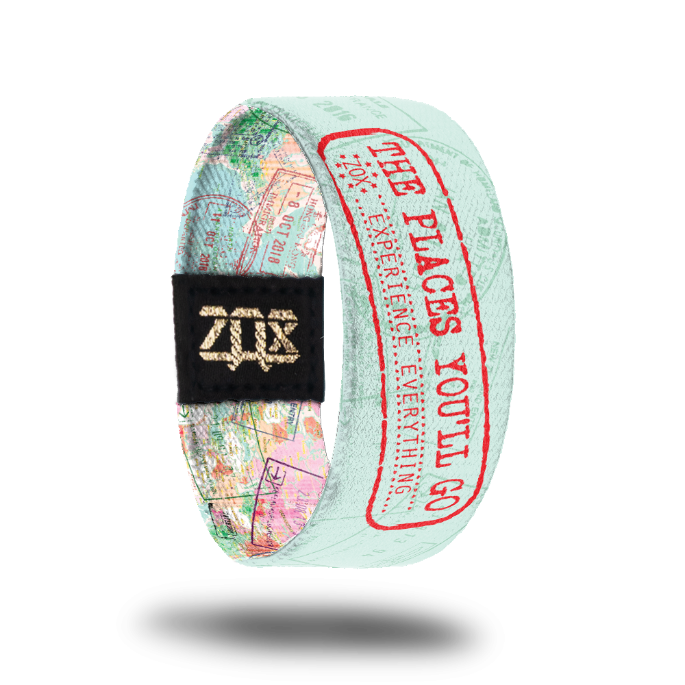 Inside Design of The Places You'll Go: light blue background with varying darker passport stamps, with stamped text ‘The Places You’ll Go ZOX Experience Everything’