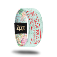 Inside Design of The Places You'll Go: light blue background with varying darker passport stamps, with stamped text ‘The Places You’ll Go ZOX Experience Everything’
