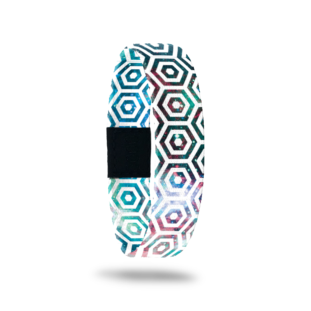 Product photo of the outside of you are enough. It is a white hexagon pattern overlaying a pink, blue, green, and purple galaxy design.