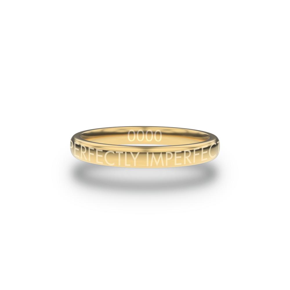 Front design of Perfectly Imperfect gold ring with sketched in text ‘Perfectly Imperfect’