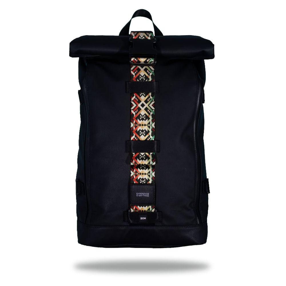 Product image of an Imperial backpack showing a wide strap down the center of it that is interchangeable. The closure strap the item that is for sale on this page and is called Never Surrender. The design is tan, green, and red and is a sort of geometric design