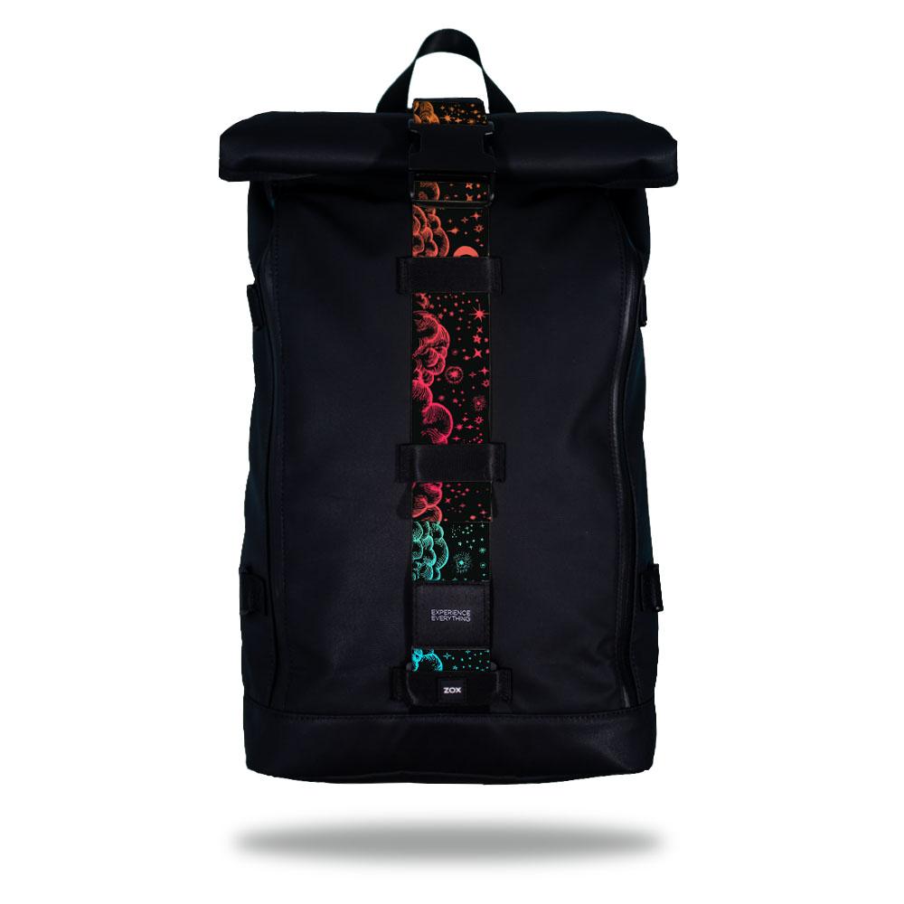 Product image of an Imperial backpack showing a wide strap down the center of it that is interchangeable. The closure strap the item that is for sale on this page and is called Stardust and is a hand drawn cloud design that ranges the color spectrum. The photo shows orange red and light blue variants.