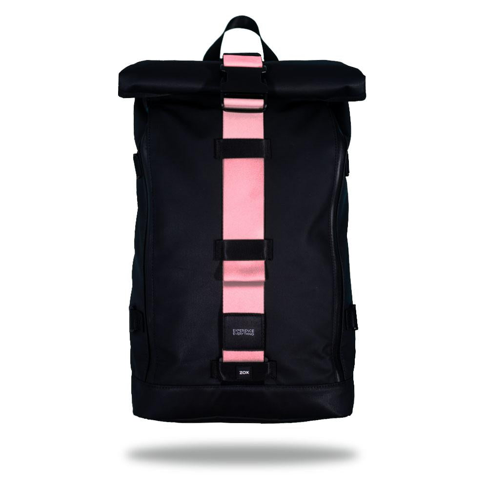 Product image of an Imperial backpack showing a wide strap down the center of it that is interchangeable. The closure strap the item that is for sale on this page and is called Passion Pink and is a solid light pink color