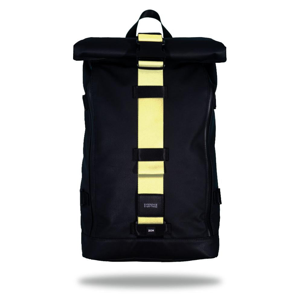 Product image of an Imperial backpack showing a wide strap down the center of it that is interchangeable. The closure strap the item that is for sale on this page and is called Canary Yellow and the design is a solid light yellow color