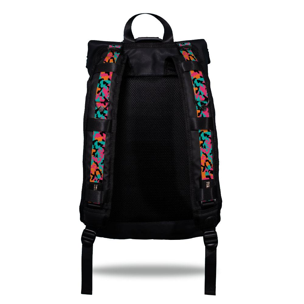 Product image show the back of an Imperial backpack with  two should straps showing with interchangeable straps. The tension strap the item that is for sale on this page and is called  Fearless and is a modern camouflage design that is blue, orange, pink and black