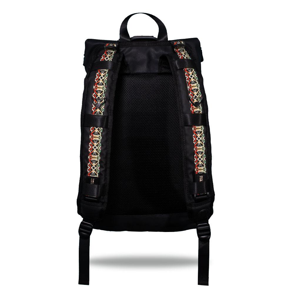 Product image show the back of an Imperial backpack with  two should straps showing with interchangeable straps. The tension strap the item that is for sale on this page and is called Never Surrender and is a green, red and tan geometric design