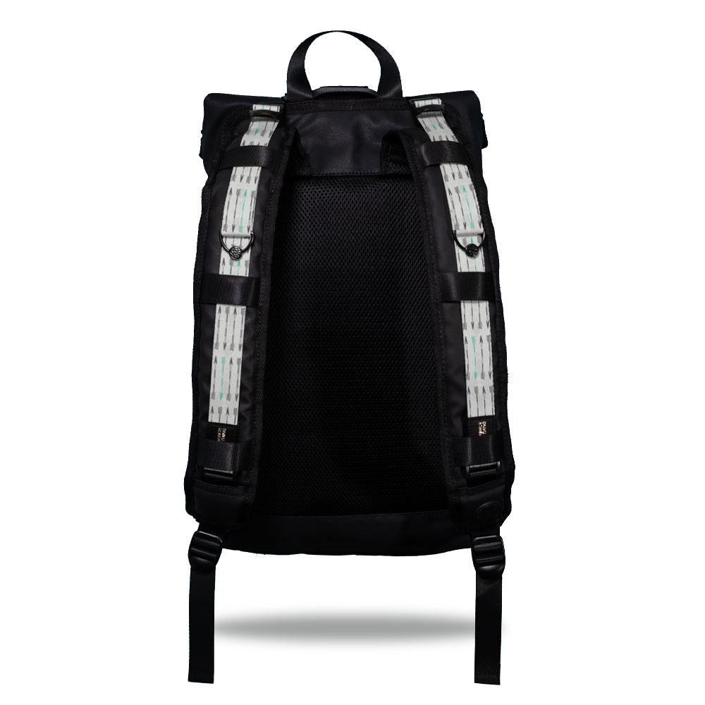 Product image show the back of an Imperial backpack with  two should straps showing with interchangeable straps. The tension strap the item that is for sale on this page and is called Never Give Up and is a light grey, grey, geometric design with darker grey arrows with a green arrow every so often on the top of the design