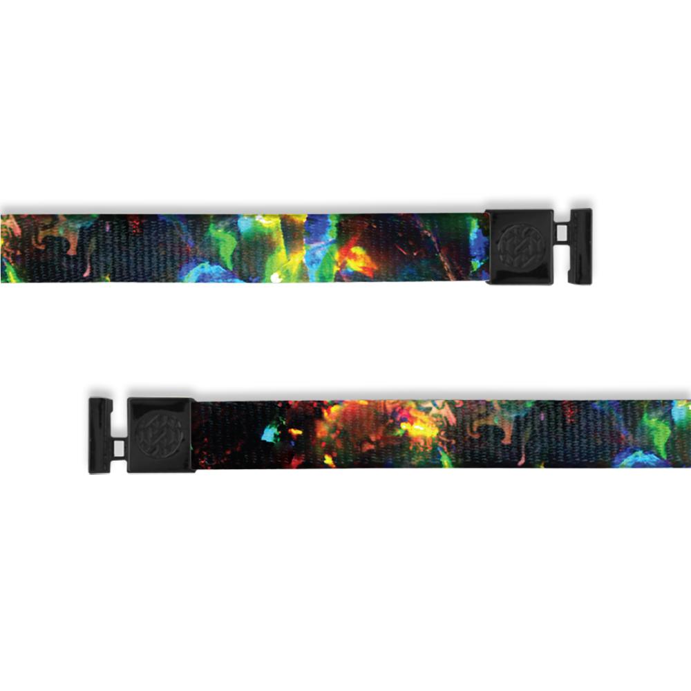 A product image of a wide and flat string with black metal aglets meant to be used with the ZOX hoodie. The string is called Anything Is Possible and features an array of colors in a fluid like design. Some of the colors include blue, breen, orange, red, yellow and black.