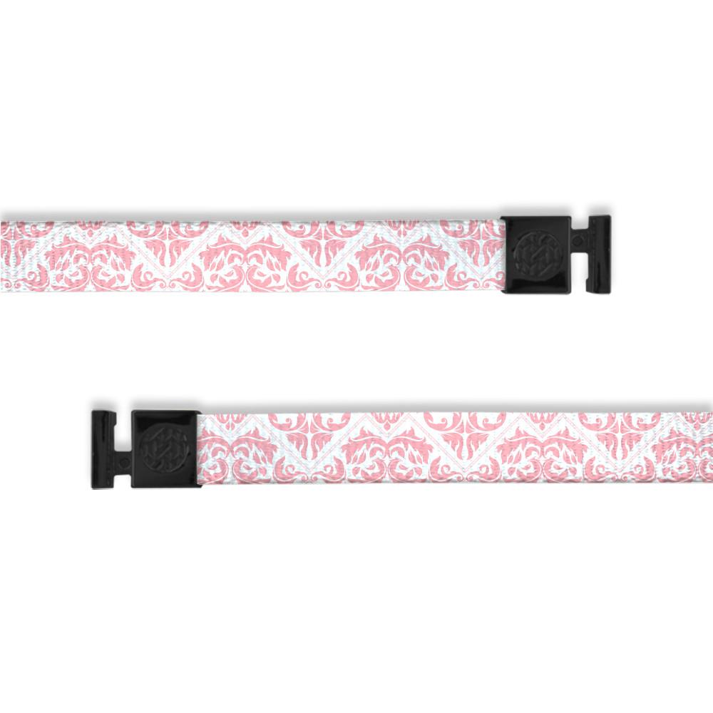 A product image of a wide and flat string with black metal aglets meant to be used with the ZOX hoodie. The string is called Blessed and it is a detailed lace design that is pink with a white background.