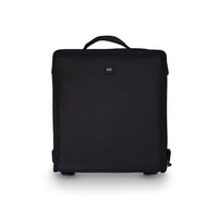 a product photo showing a black camera bag standing up so you see the outside of it