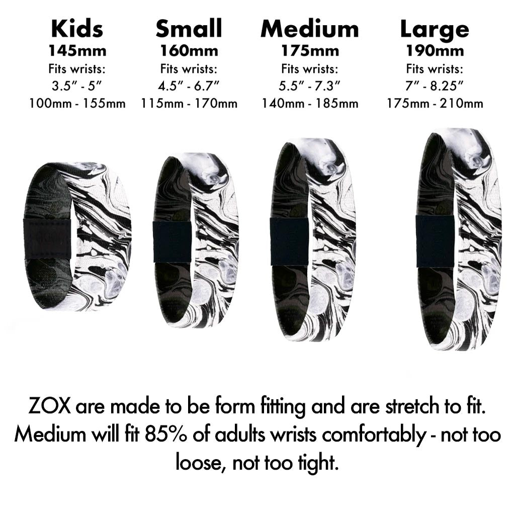 ZOX Sizing Visual: Kids Fits wrists: 3.5” - 5” (100mm-155mm), Small Fits wrists: 4.5" - 6.7” (115mm - 170mm), Medium Fits wrists: 5.5" - 7.3" (140mm - 185mm), Large Fits wrists: 7" - 8.25" (175mm - 210mm)