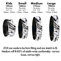 ZOX Sizing Visual: Kids Fits wrists: 3.5” - 5” (100mm-155mm), Small Fits wrists: 4.5" - 6.7” (115mm - 170mm), Medium Fits wrists: 5.5" - 7.3" (140mm - 185mm), Large Fits wrists: 7" - 8.25" (175mm - 210mm)