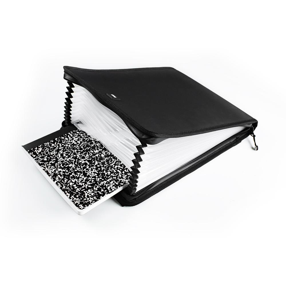 product image of an accordion binder opened up showing all the spaces to put documents. It is holding a notebook