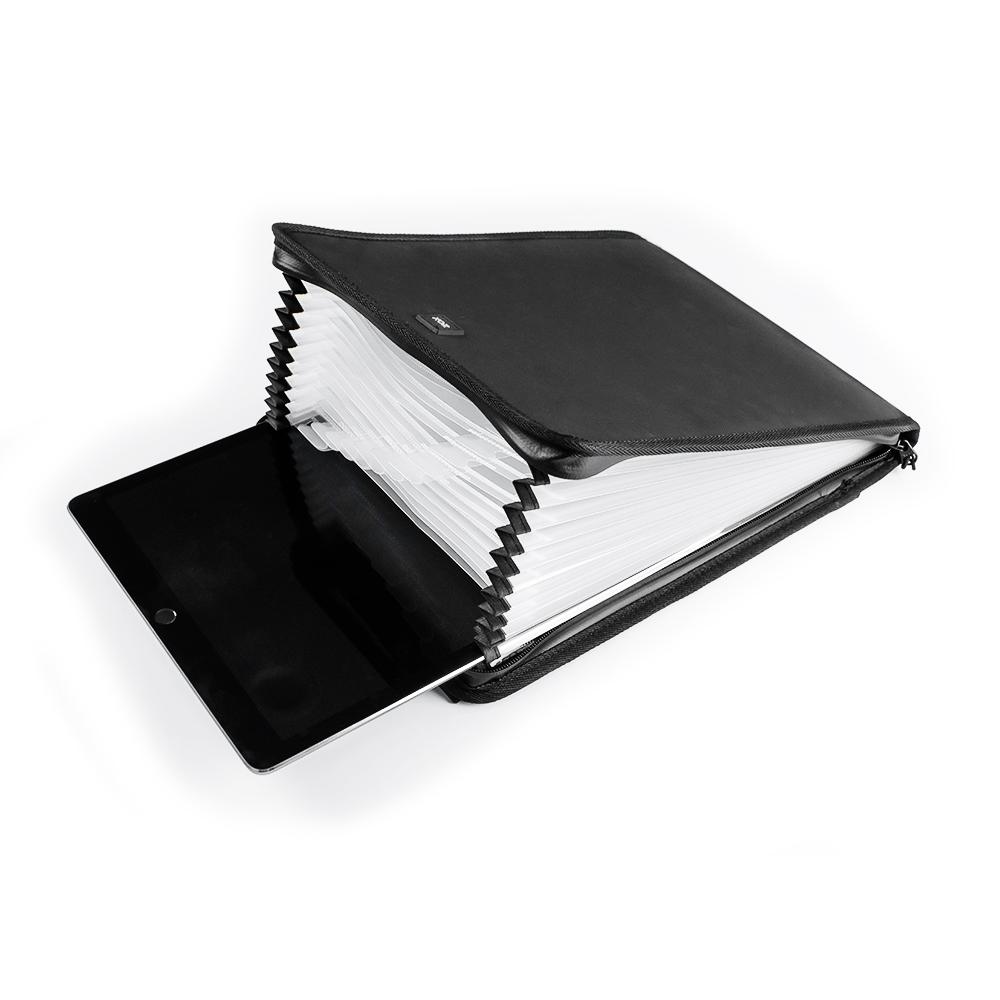 product image of an accordion binder opened up showing all the spaces to put documents. It is holding a tablet
