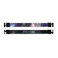  Shows outside and inside design for Fighter imperial with black aglet clasps. Top is outside design with a blended space of dark purple and dark blue. Bottom is the inside design with a black background and Fighter in grey text
