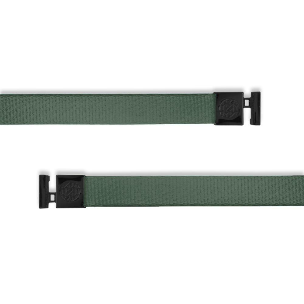 A product image of a wide and flat string with black metal aglets meant to be used with the ZOX hoodie. The string is called Forest Green. The entire string is a solid darker green color