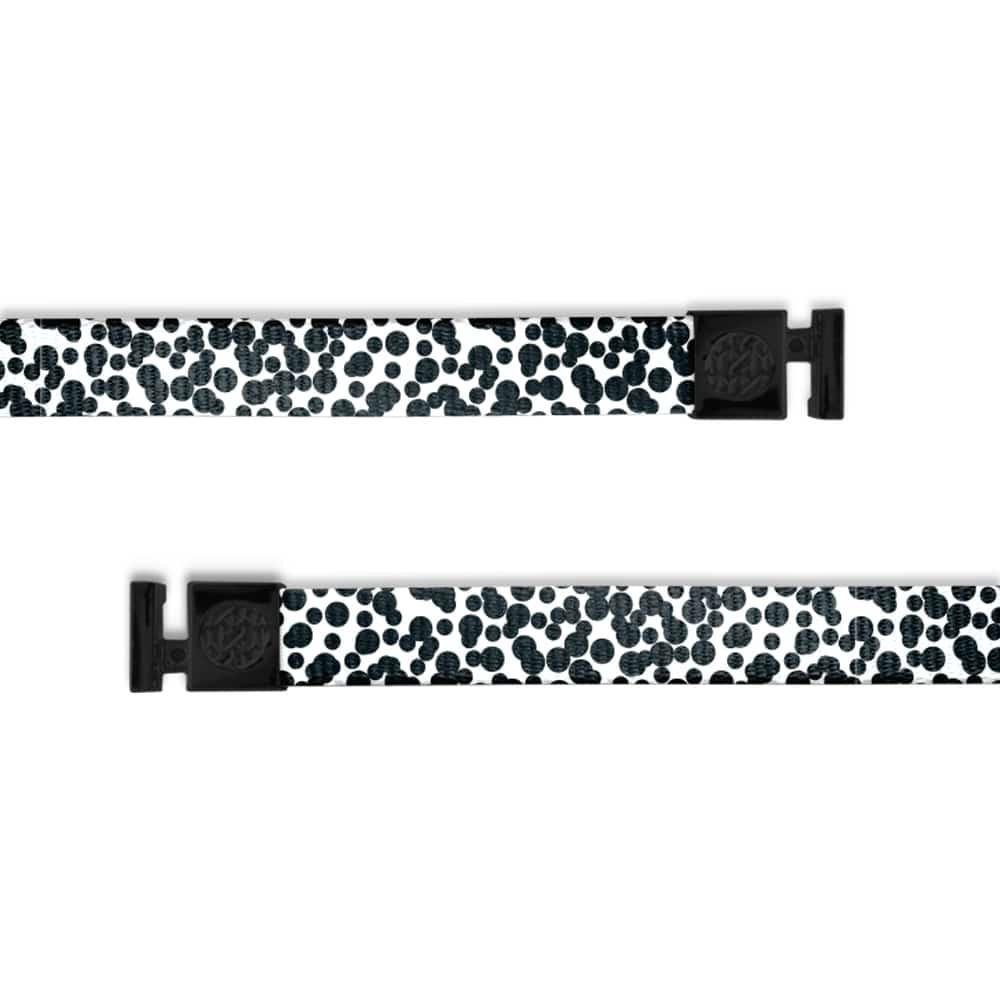 A product image of a wide and flat string with black metal aglets meant to be used with the ZOX hoodie. The string is called gifted and is a black and white design made up of dots