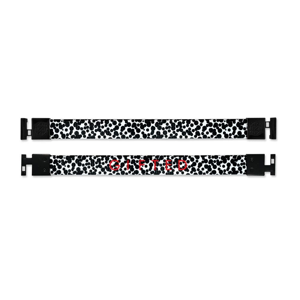 Shows outside and inside design for Gifted imperial with black aglet clasps. Top is outside design of a black and white spotted pattern. Bottom is inside design of black and white spotted pattern with Gifted in red text at the center