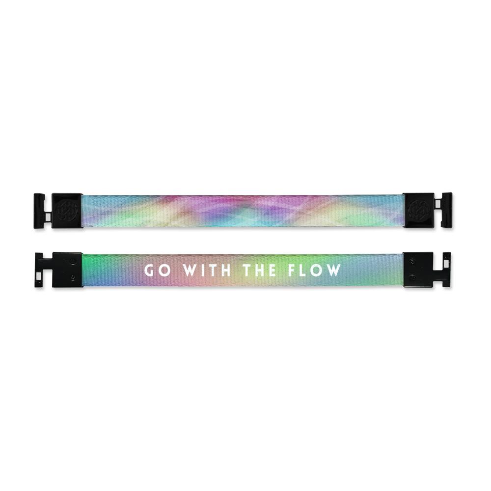 Shows outside and inside design for Go With The Flow imperial with black aglet clasps. Top is the outside design of a colorful blend of light colors. Purple, blue, green, and yellow. Bottom is the inside with the same blend of colors with Go With The Flow in white text at the center