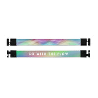 Shows outside and inside design for Go With The Flow imperial with black aglet clasps. Top is the outside design of a colorful blend of light colors. Purple, blue, green, and yellow. Bottom is the inside with the same blend of colors with Go With The Flow in white text at the center