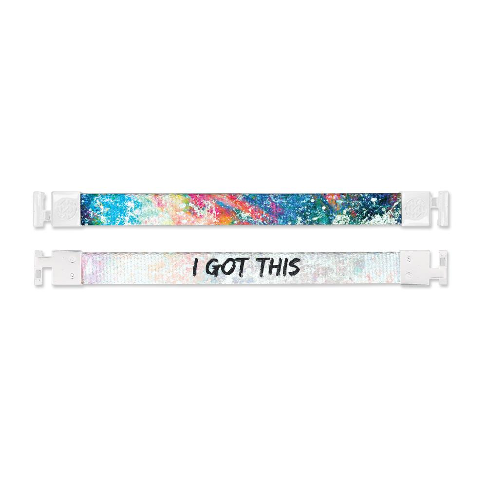 Shows outside and inside design for I Got This imperial with white aglet clasps. Top is outside design with mixed bright colors of splatter paint design. Bottom is inside design with a white background and I Got This in black text