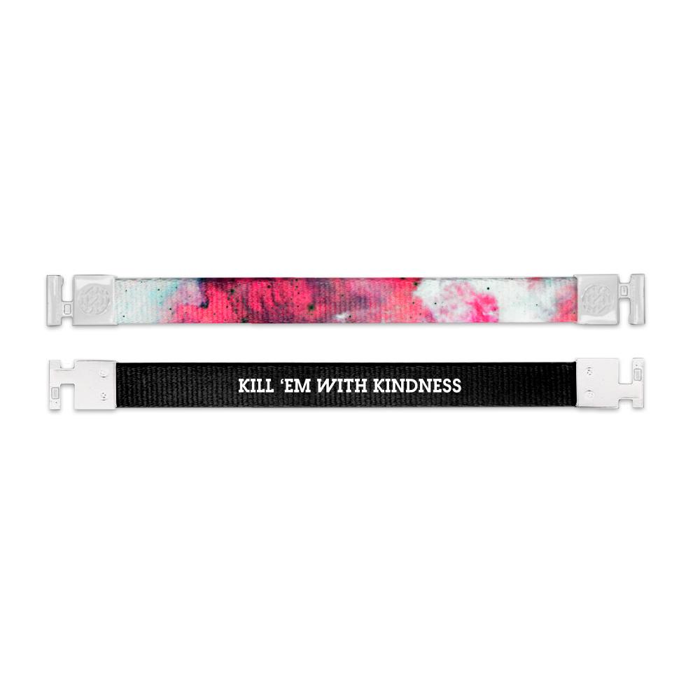 Shows outside and inside design for Kill 'Em With Kindness imperial with white aglet clasps. Top is the outside design with a blended background of white, dark pink, and light pink. Bottom is the inside design with a back background and Kill 'Em With Kindness centered in white text