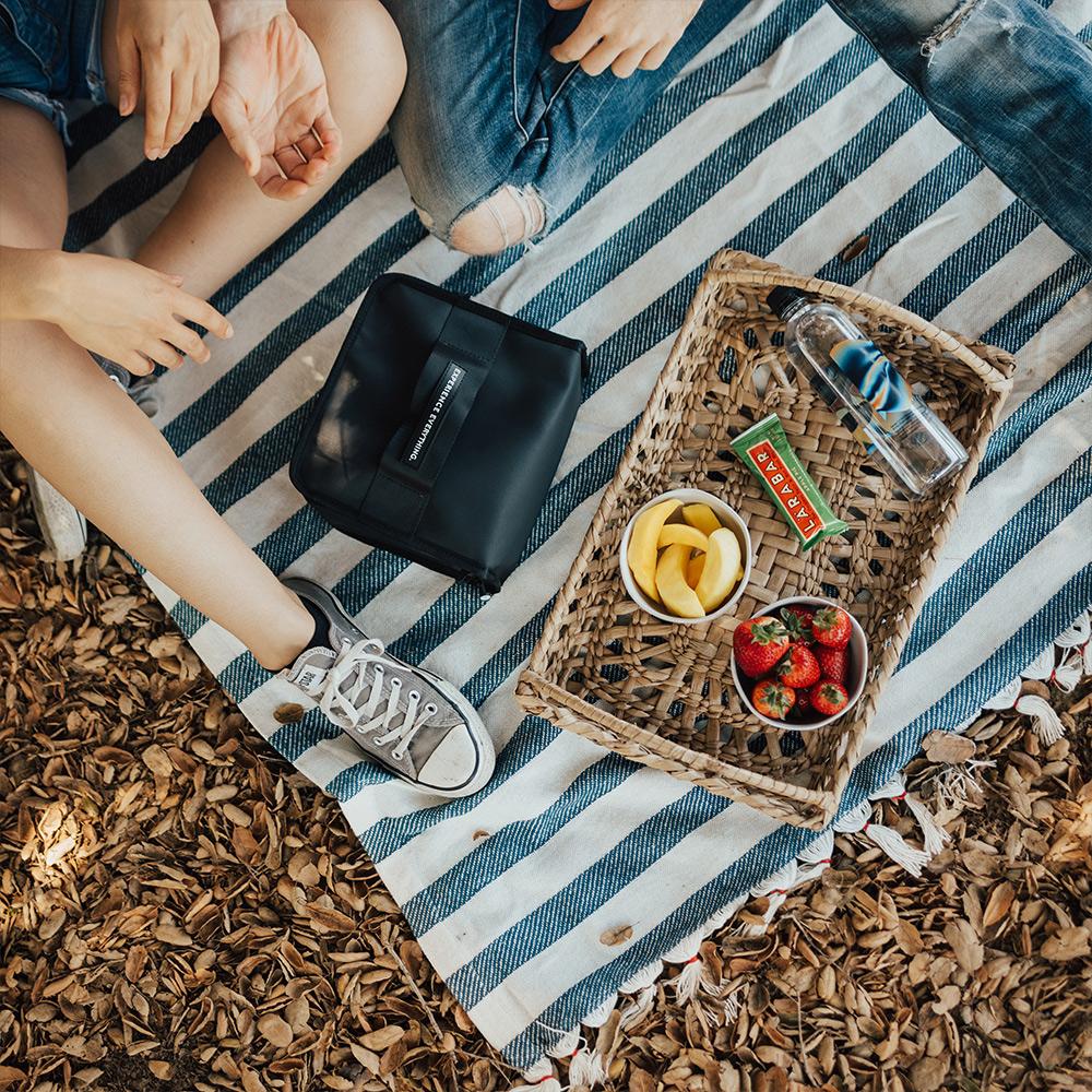 Lifestyle photo of a couple on a picnic with the lunch box capsule on the blanket