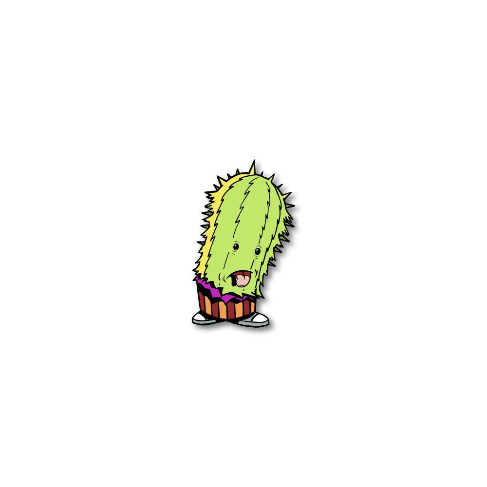 Enamel pin photo of 2020 - Day 16 - Prickly Peter Pepperton: green and yellow prickly monster with a pink, yellow, and red striped base and white shoes