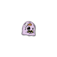Enamel pin photo of 2020 - Day 19 - Big Brain Brad: light purple monster with a little brain, one eyeball smaller than the other, and five yellow teeth