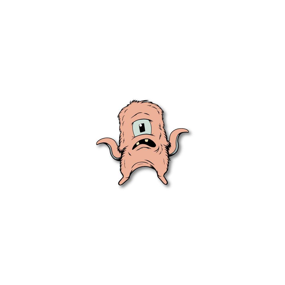 Enamel pin for 2020 - Day 22 - Welpy: furry, peach monster shrugging shoulders with one eye and two teeth