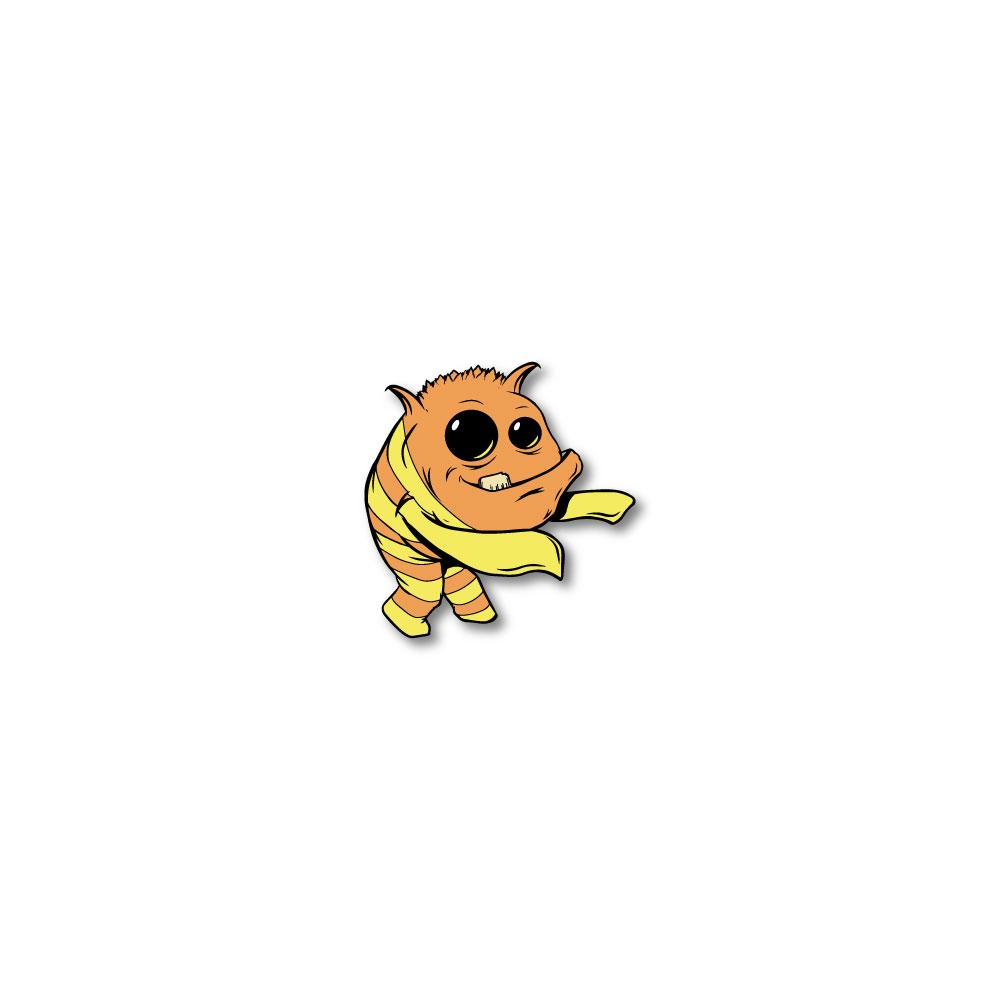 Enamel pin photo of 2020 - Day 23 - Ima Getcha: orange and yellow striped monster with long yellow arms, one eye smaller than the other, and one tooth