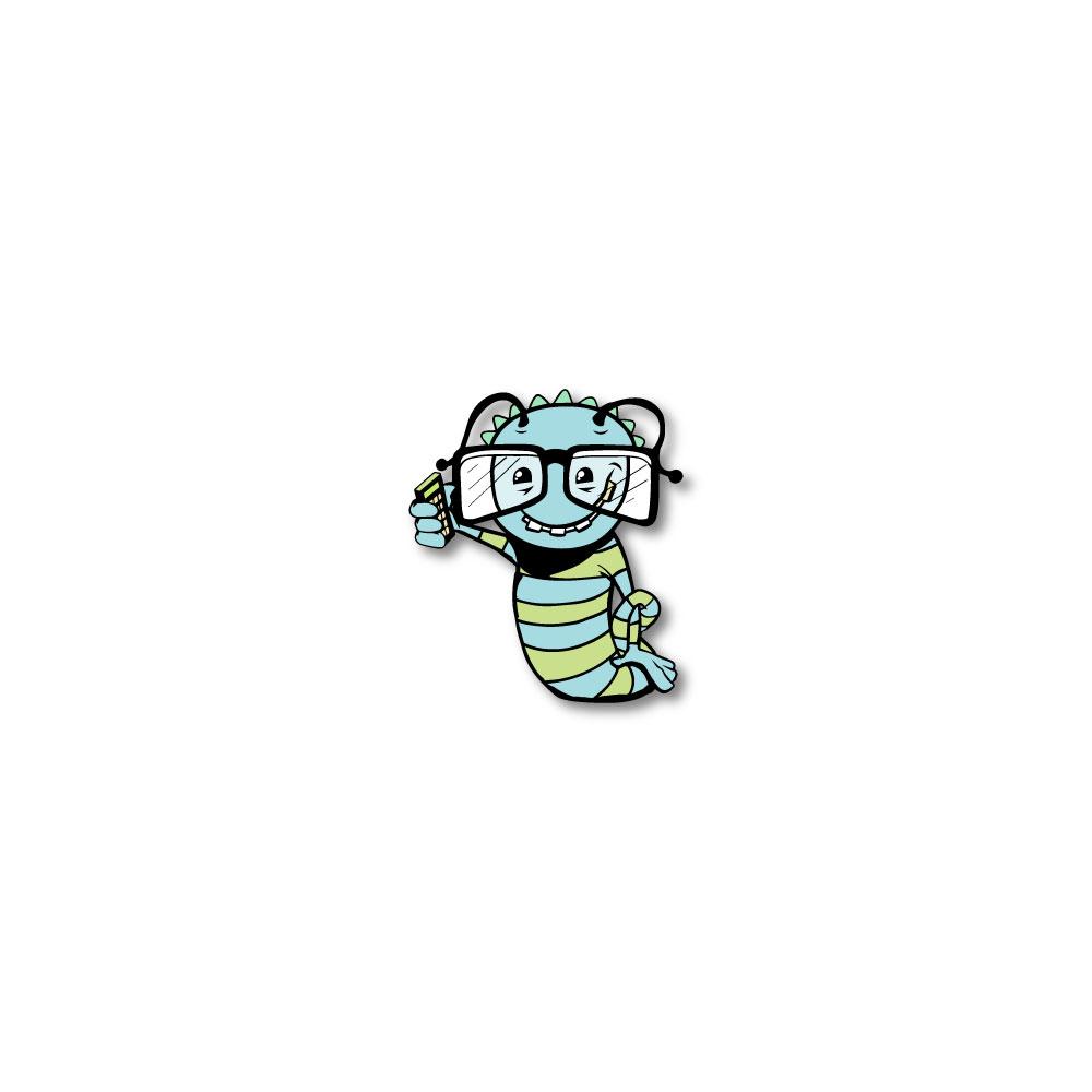Enamel pin photo for 2020 - Day 24 - Thaddeus Bookwormington: light blue and lime green striped monster with big glasses and antennas holding a device in one hand