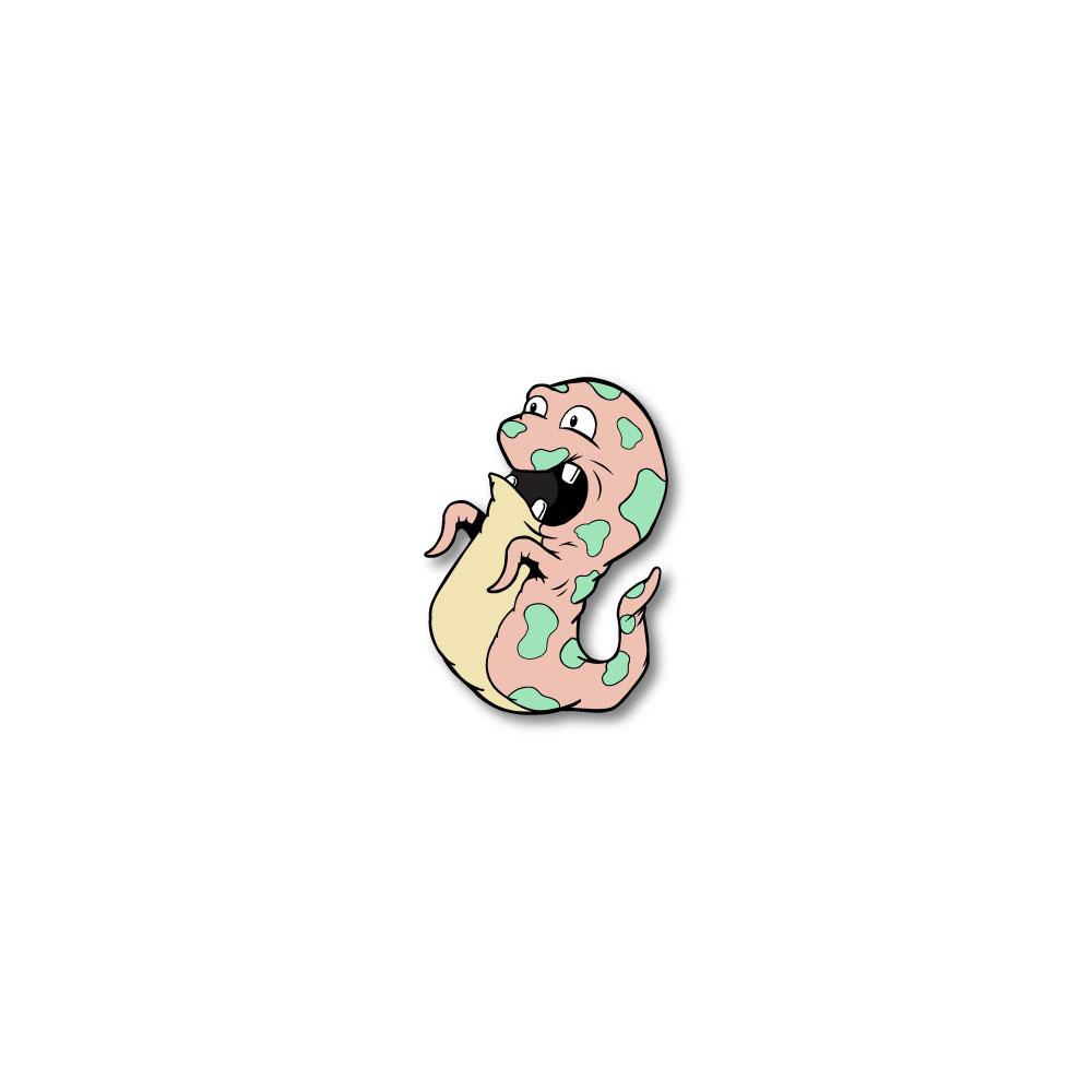 Enamel pin photo for 2020 - Day 25 - Bring it on Brenda: peach and green slug-like monster with pale yellow underbelly