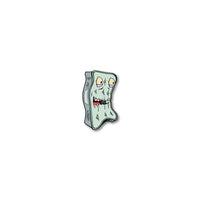 Enamel pin photo of 2020 - Day 27 - Matthew T. Mattresski: pale blue and mint green mattress monster with eyes and a mouth