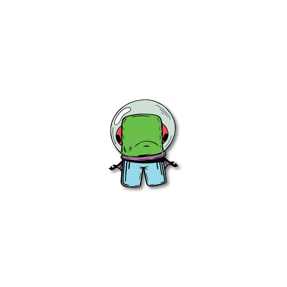 Enamel pin photo for 2020 - Day 28 - Fish Bowl Fred: green monster with red eyes on the side of his head stuck in a fish bowl wearing light blue pants 