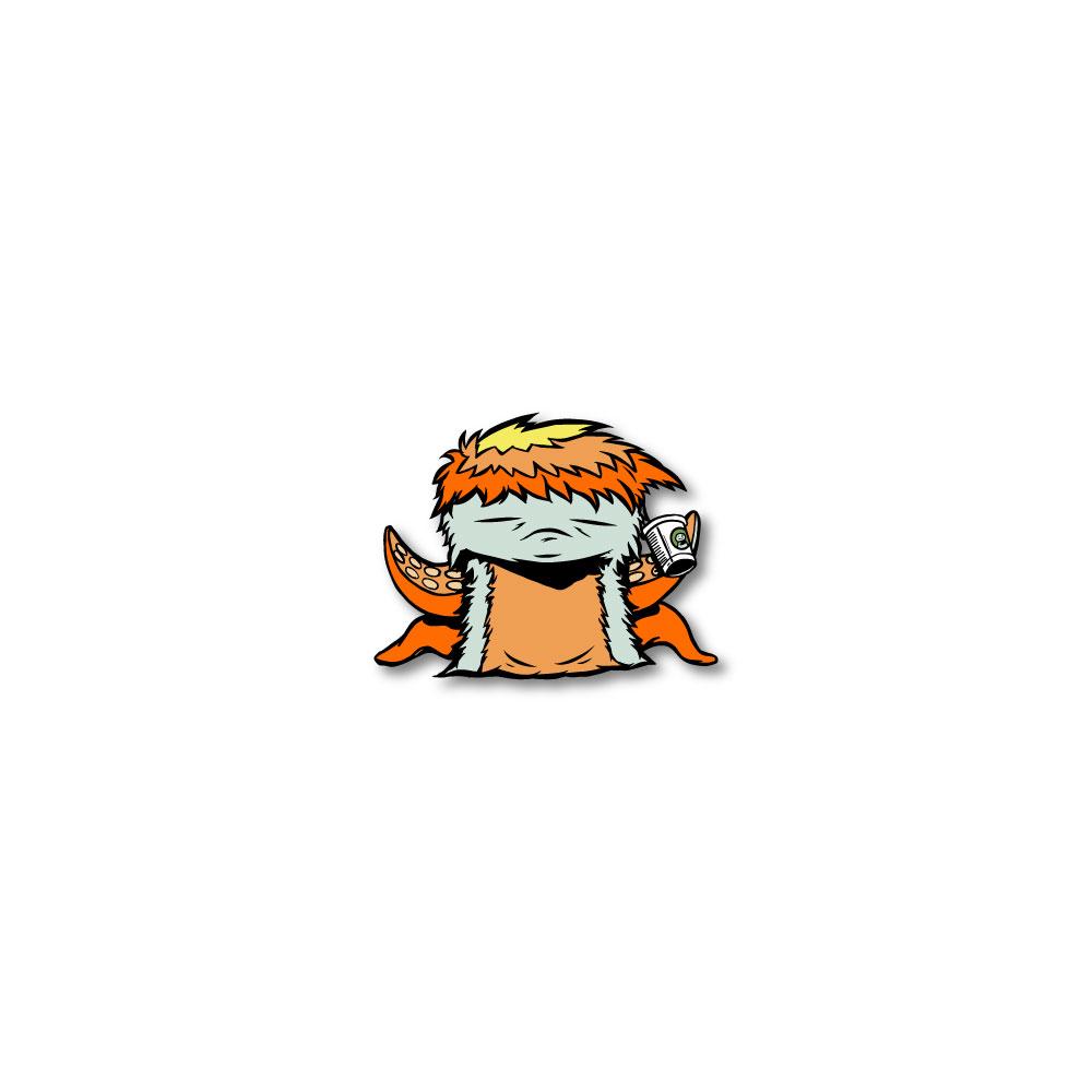 Enamel pin photo for 2020 - Day 4 - Zennifer: gray, orange, and yellow furry monster with 4 tentacles holding a coffee cup
