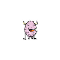 Enamel pin photo for 2020 - Day 8 - Mr. Yeah Guy: pale pink, smiling, furry monster with horns, long arms, and short legs
