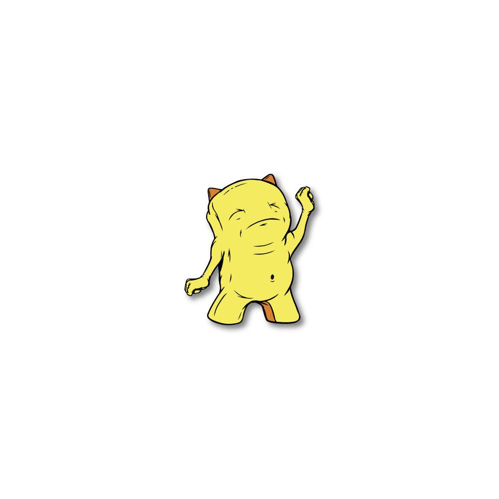 Enamel pin photo for 2020 - Day 9 - Righteous Rick: yellow monster with small orange horns and one fist in the air