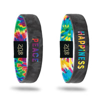 Product photo of the peace single with bold tie dye text peace overlaying a greyscale tie dye and the happiness single with bold tie dye text peace overlaying a greyscale tie dye 