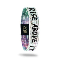 Product photo of inside design with bold black text rise above it overlaying a green, pink, purple and orange watercolor wave design over a white background