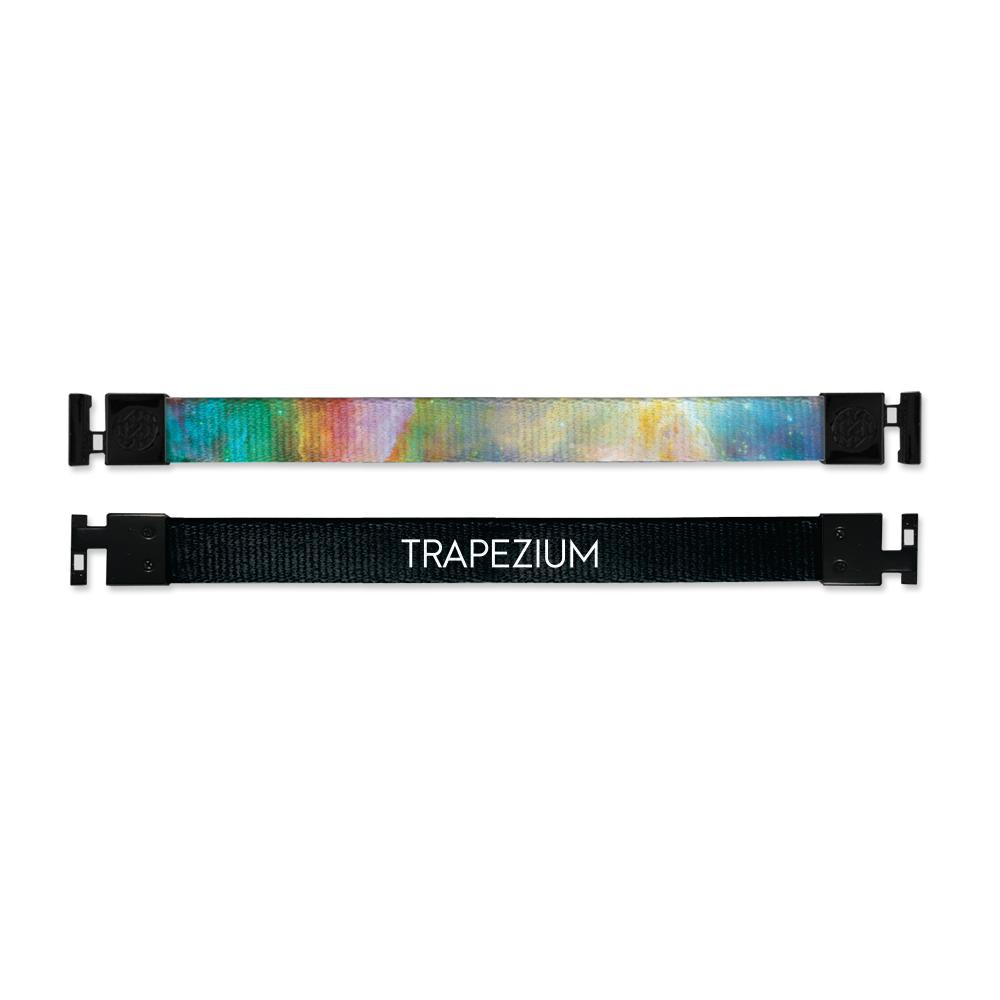 Shows outside and inside design for Trapezium imperial with black aglet clasps. Top is the outside design, a multi-colored light space background. Bottom is the inside design with a black background and Trapezium centered in white text