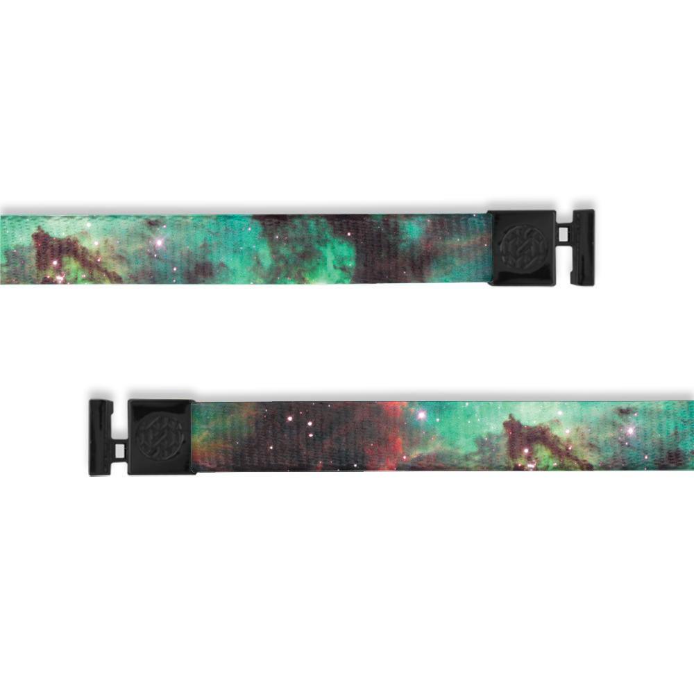 A product image of a wide and flat string with black metal aglets meant to be used with the ZOX hoodie. The string is called Unbreakable, the design is an image of a space nebula taken from the hubble telescope. The colors are different shades of greens with red and some darker hues of grey and brown